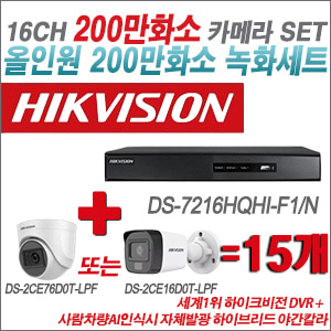[TVI-2M] DS7216HQHIF1/N 16CH + 최고급형 200만화소 카메라 15개 SET (실내3.6mm출고/실외형품절)