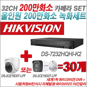 [TVI-2M] DS7232HQHIK2 32CH + 최고급형 200만화소 카메라 30개 SET (실내3.6mm출고/실외형품절)