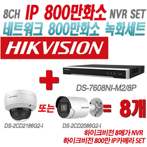 [IP-8M] DS7608NIM2/8P 8CH + 하이크비전 800만 IP카메라 8개 SET (실내형/실외형 2.8mm출고)