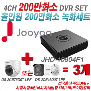 [TVI-2M] JHD10804F1 4CH + 최고급형 200만화소 카메라 3개 SET (실내3.6mm출고/실외형품절)