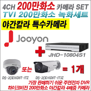 [TVI-2M] JHD10804S1 4CH + 하이크비전 200만화소 야간칼라 4배줌 카메라 1개 SET