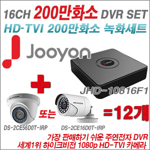 [TVI-2M] JHD10816F1 16CH + 하이크비전 200만화소 정품 카메라 12개 SET (실내형/실외형 6mm출고)