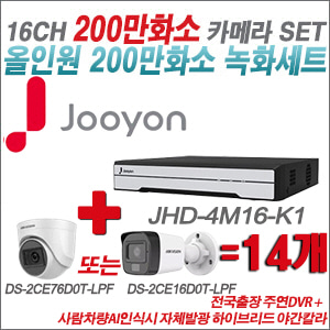 [TVI-2M]JHD4M16K1 16CH + 최고급형 200만화소 카메라 14개 SET (실내3.6mm출고/실외형품절)