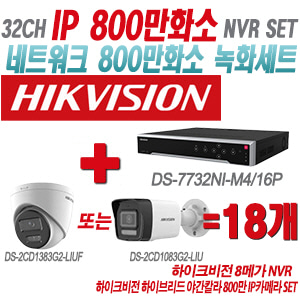 [IP-8M] DS7732NIM4/16P 32CH + 하이크비전 하이브리드 야간칼라 800만 IP카메라 18개 SET (실내형 2.8mm/실외형 4mm출고)