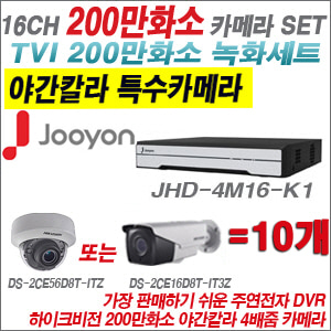 [TVI-2M] JHD4M16K1 16CH + 하이크비전 200만화소 야간칼라 4배줌 카메라 10개 SET
