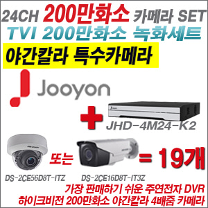 [TVI-2M] JHD4M24K2 24CH + 하이크비전 200만화소 야간칼라 4배줌 카메라 19개 SET