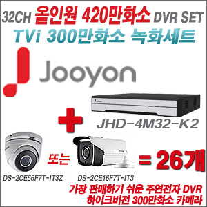 [TVI-3M] JHD4M32K2 32CH + 하이크비전 300만화소 4배줌 카메라 26개 SET (실외형 8mm고정렌즈출고)